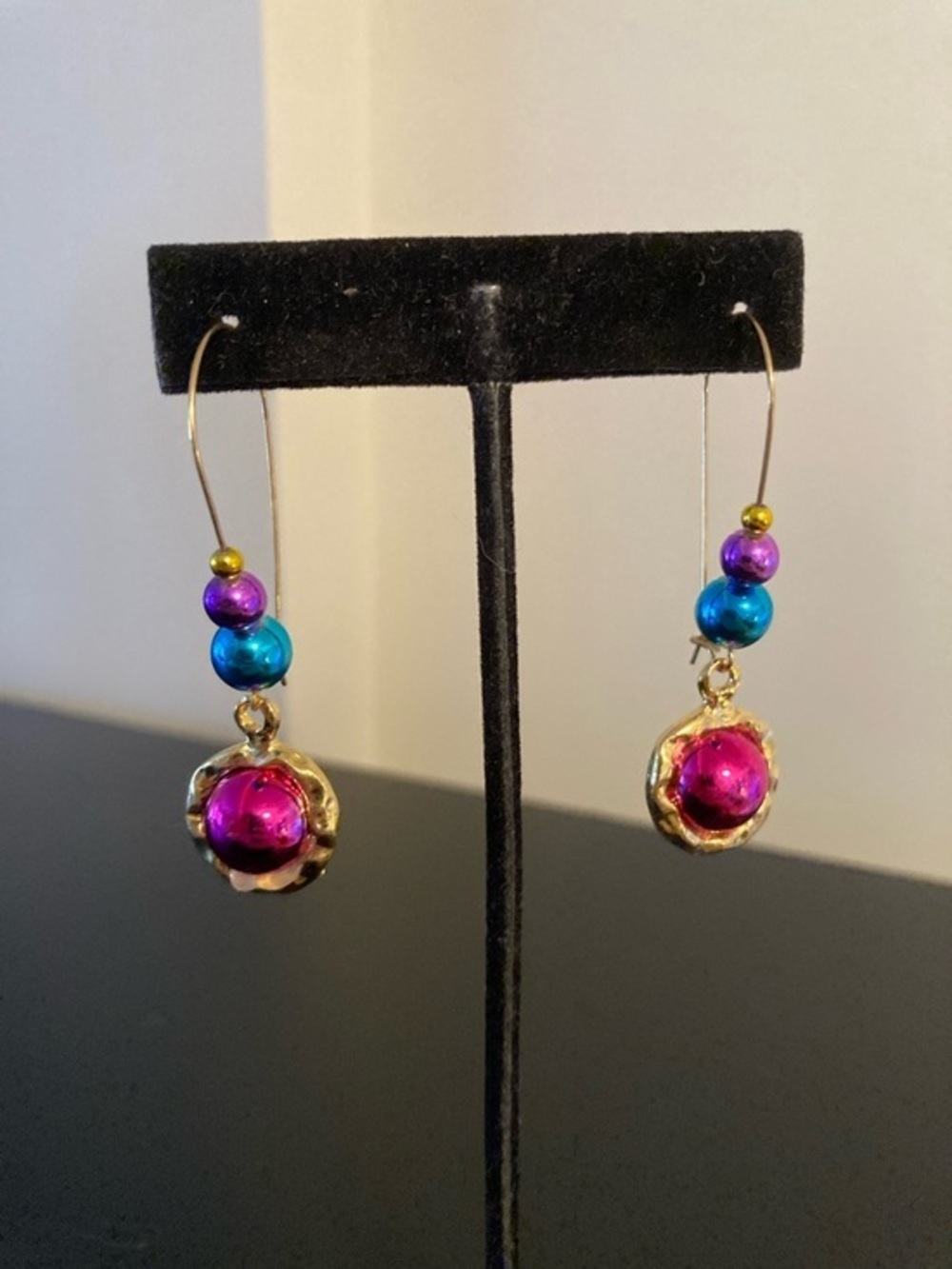 Gold Drop Earrings with Fuchsia, Teal and Purple Beads